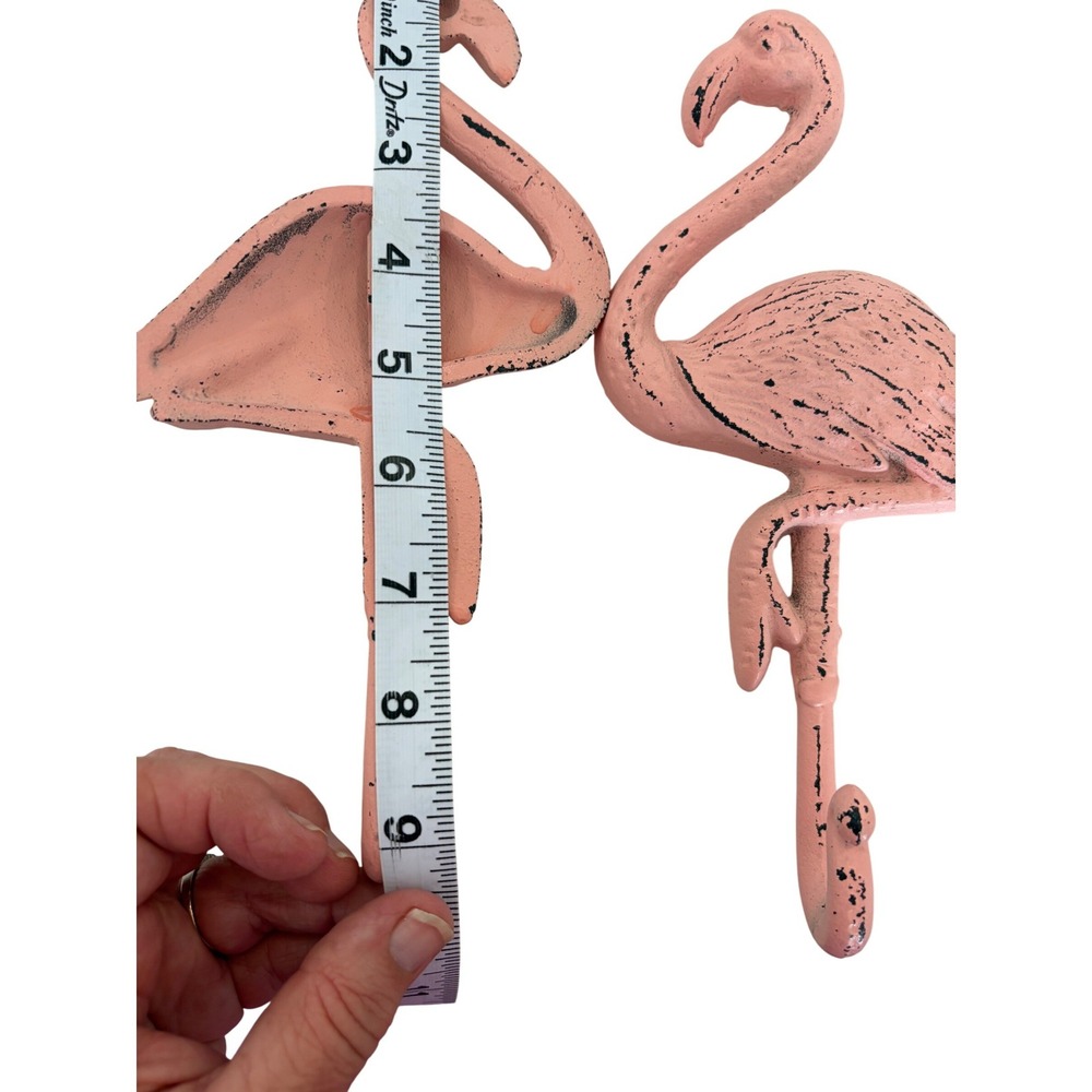 Set of 2 Pink Flamingo Cast Iron Wall Hooks Distressed Tropical Coastal Decor - Picture 4 of 4